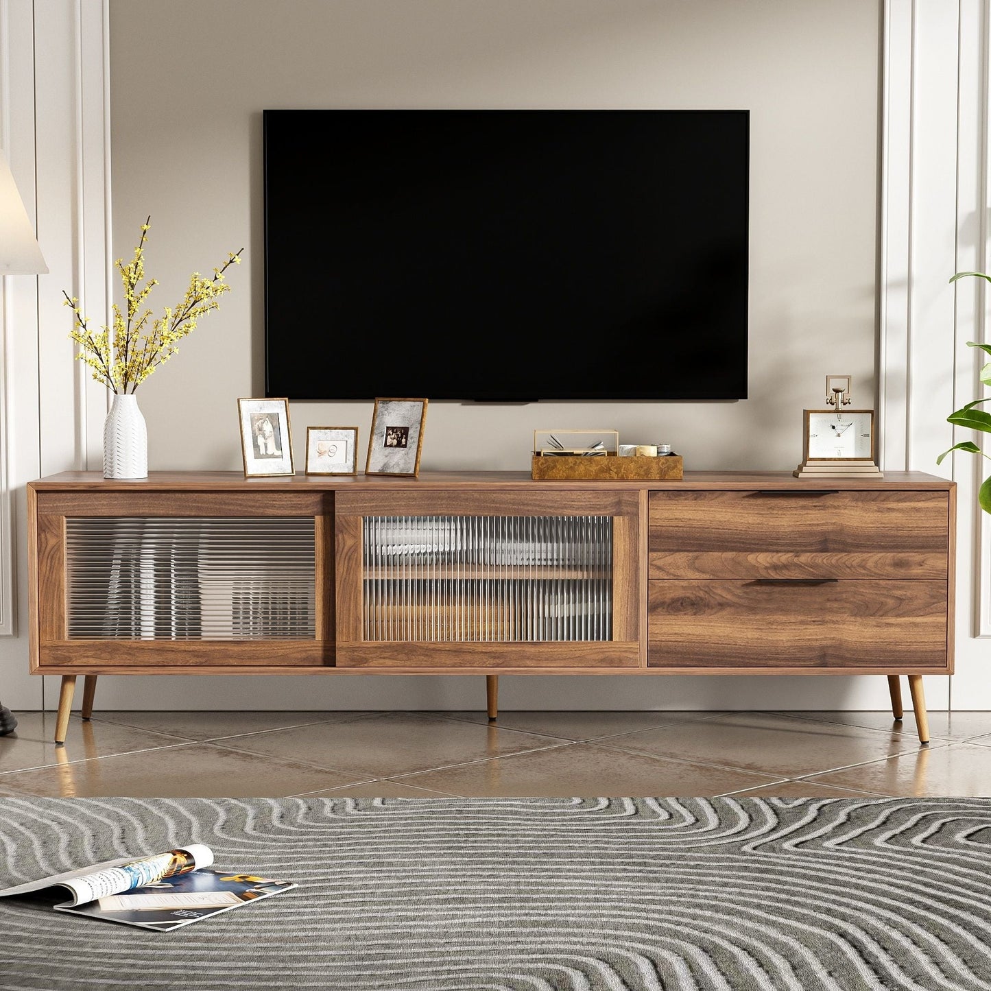 Walnut TV Console With Storage And Drawers