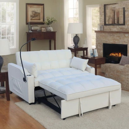 Modern Loveseat Futon Sofa with Pullout Bed, white tufted upholstery, adjustable backrest on Tampa Home & Garden Store