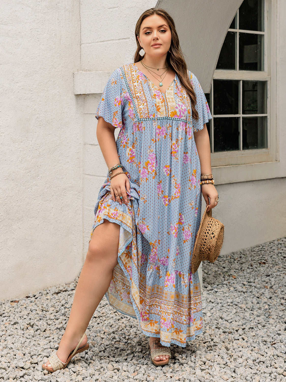 Pink Purple Plus Size Printed Flutter Sleeve Maxi Dress by Stevvex, blue floral print, flowy on Tampa Home & Garden Store