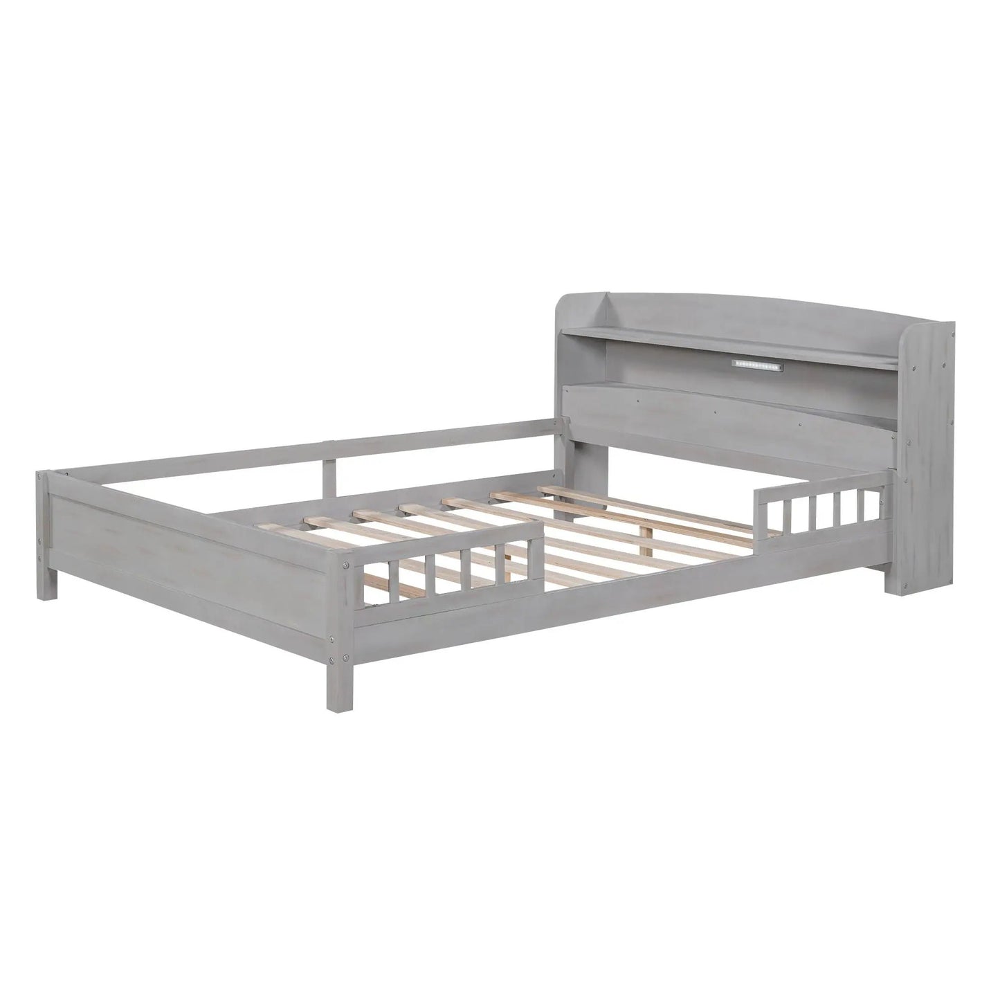 Wood Platform Bed With Led Light and Guardrail