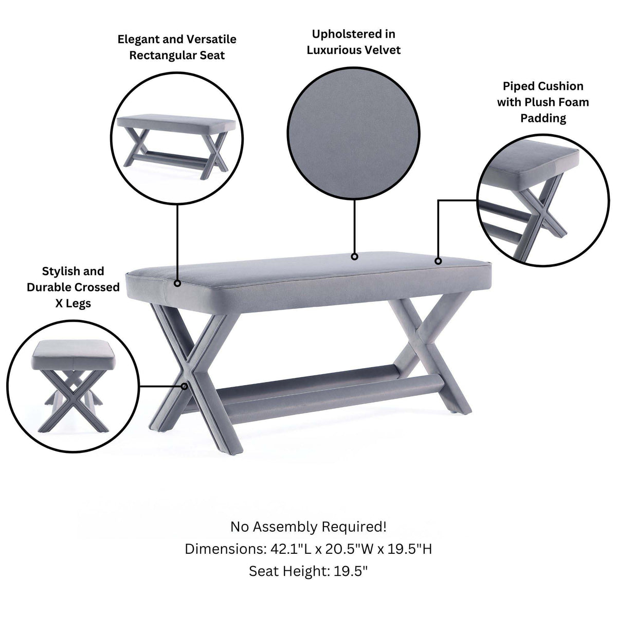 Accent bench with piped gray cushion and solid wood cross-legged frame by HouseOfZazla on Tampa Home & Garden Store