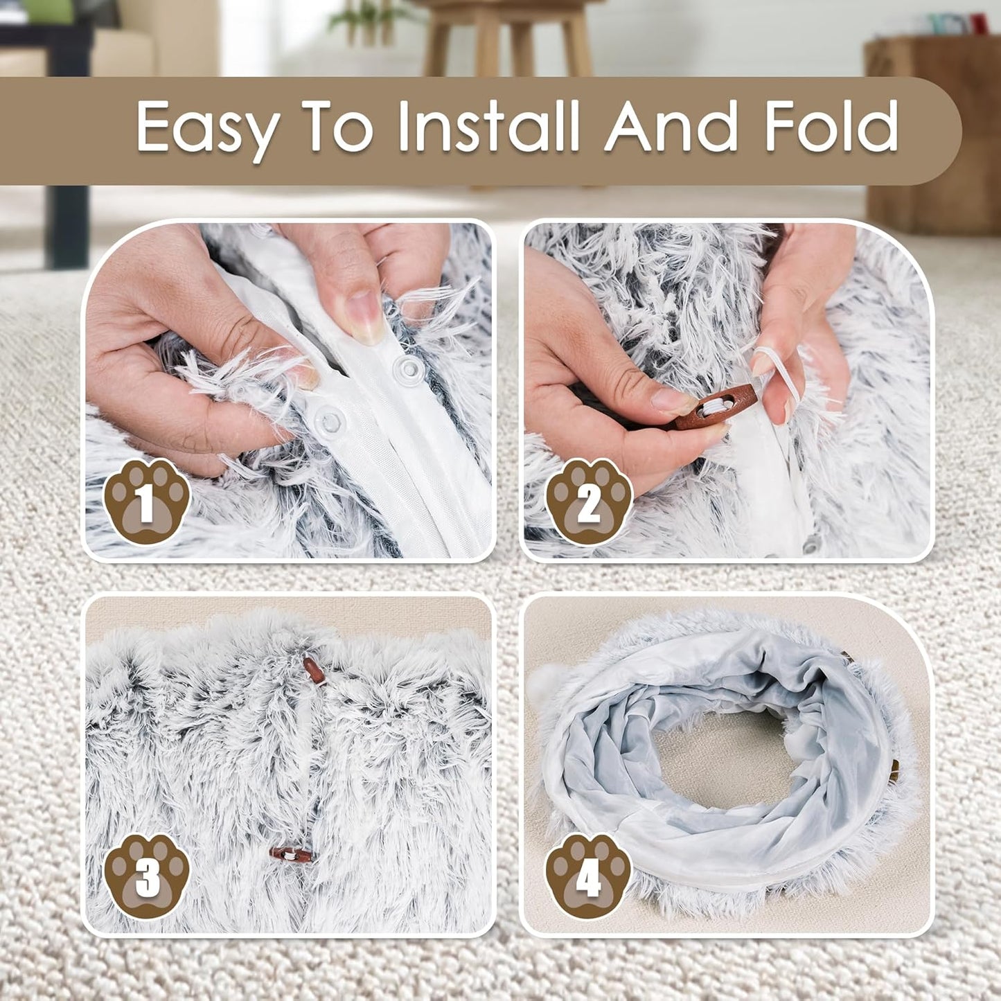 Cat tunnel bed grey faux-fur cat cave with washable mat, four-step easy install guide on Tampa Home & Garden Store
