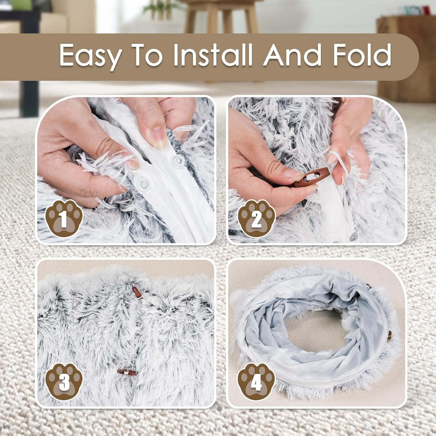 Cat tunnel bed grey faux-fur cat cave with washable mat, four-step easy install guide on Tampa Home & Garden Store