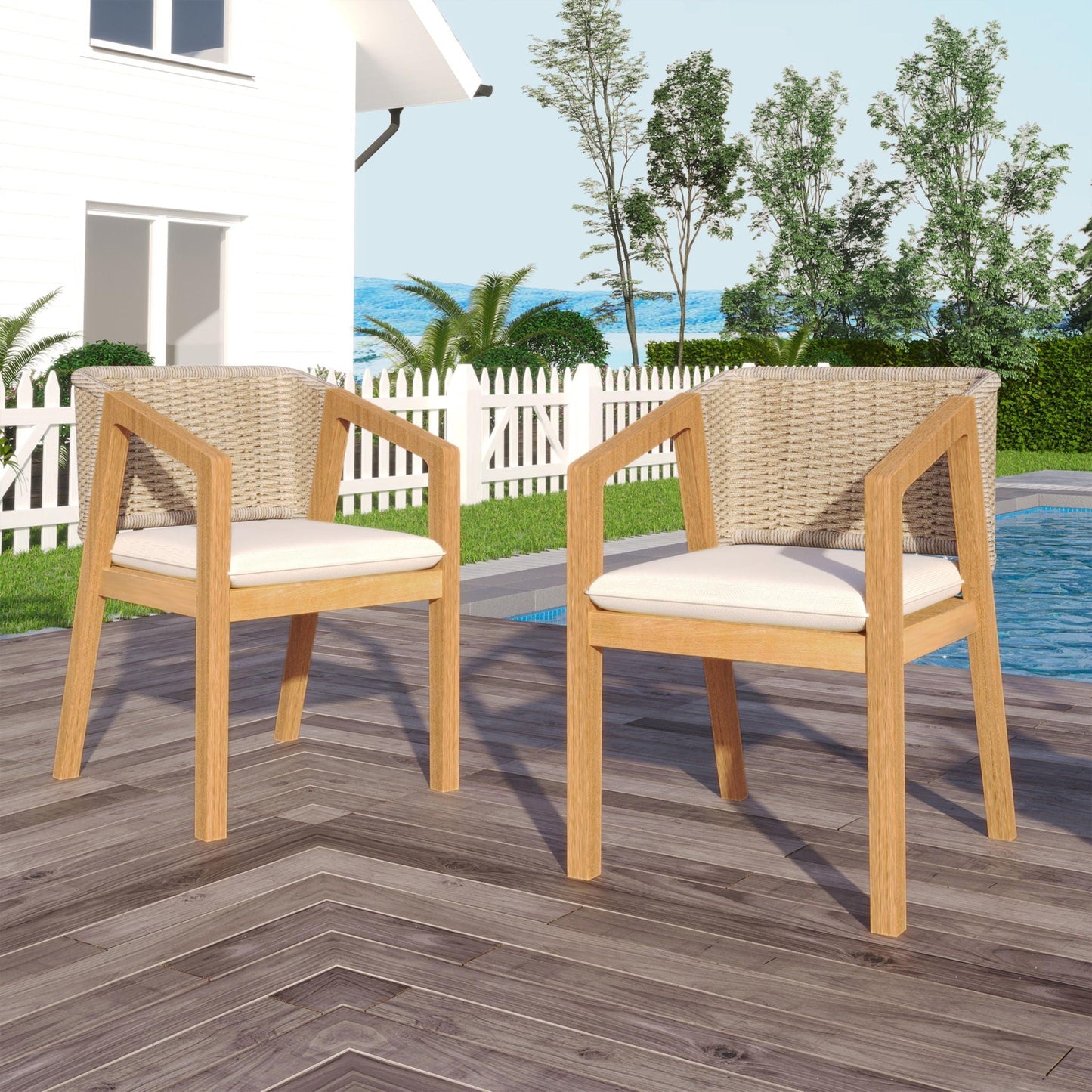Patio Dining Chairs set of 2 in light teak wood with woven wicker seats and white cushions on Tampa Home & Garden Store