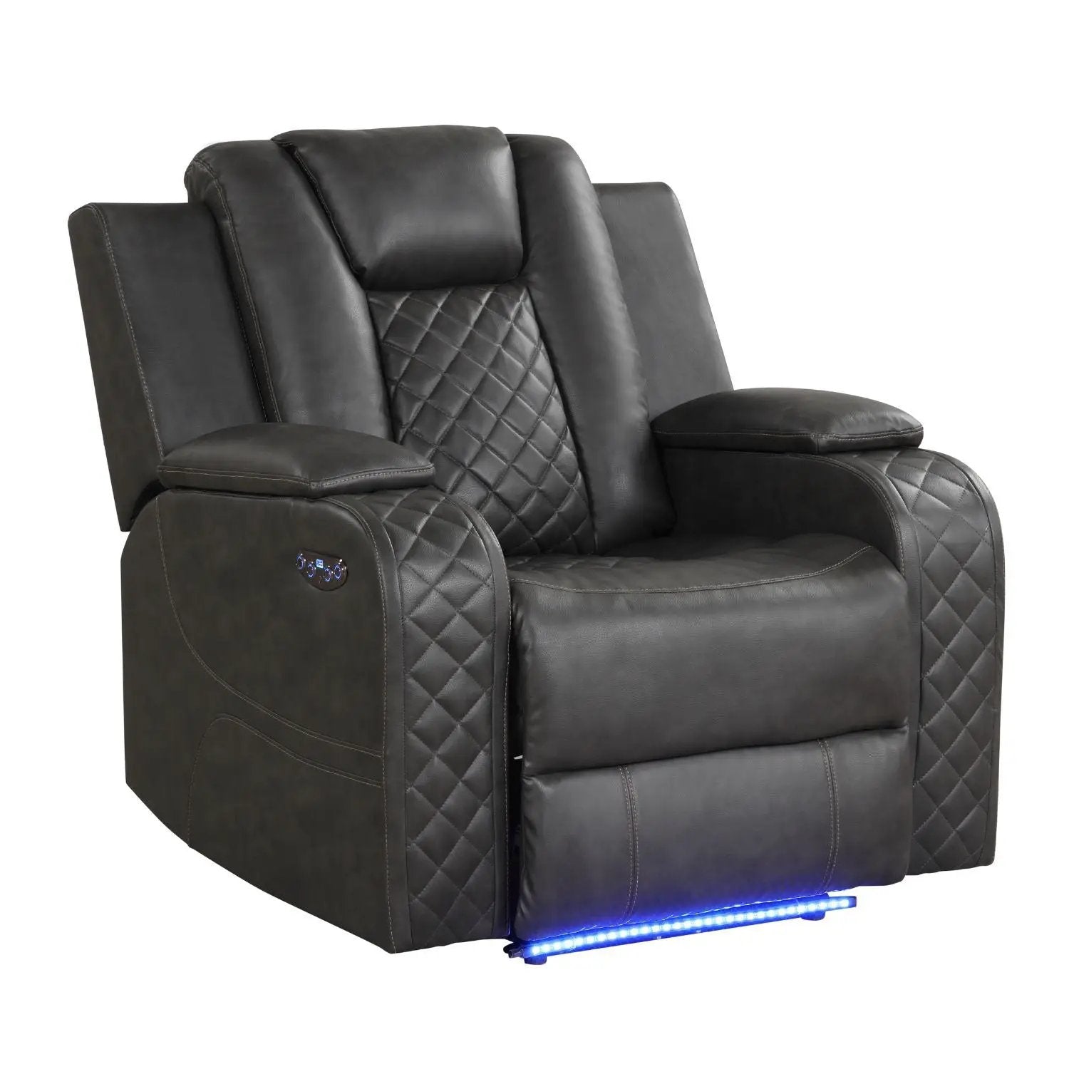 Benz LED power recliner chair with adjustable headrest, black leather and blue LED base glow on Tampa Home & Garden Store