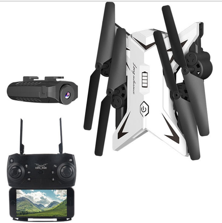 White foldable T-Rex RC drone with black propellers, camera, and remote with phone display on Tampa Home & Garden Store