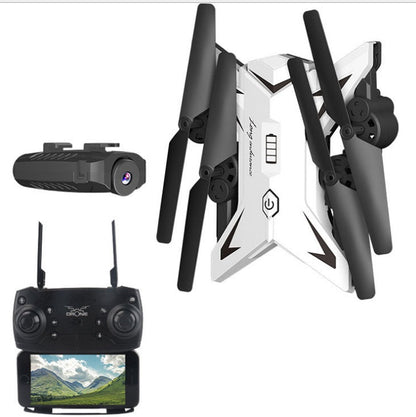 White foldable T-Rex RC drone with black propellers, camera, and remote with phone display on Tampa Home & Garden Store