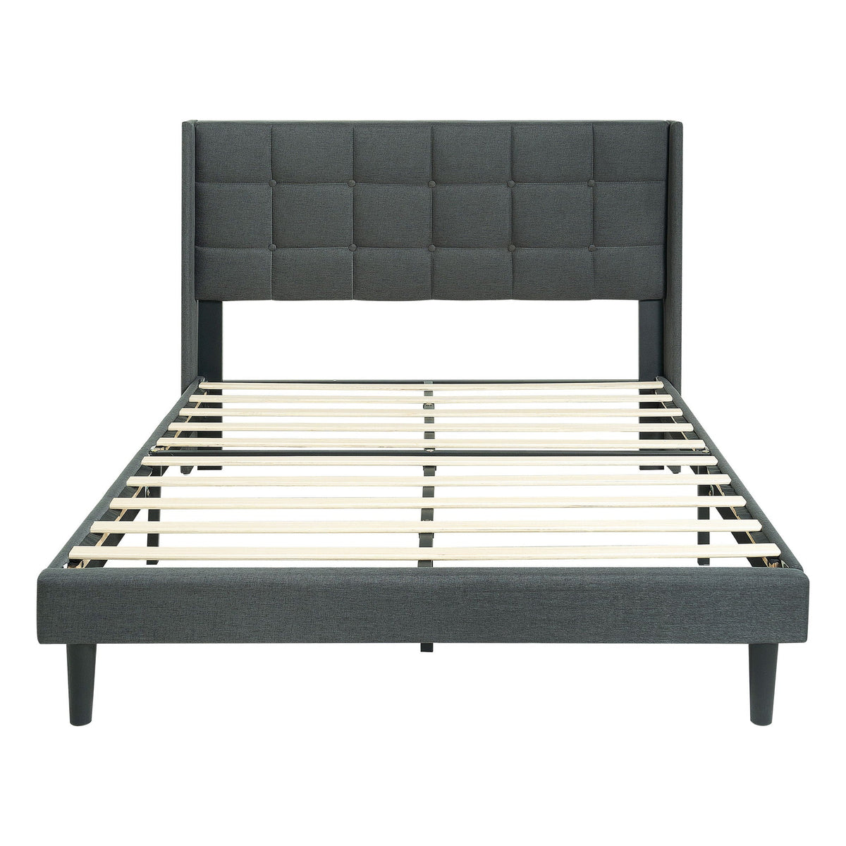 Queen size upholstered bed frame with dark gray button-tufted headboard and slatted platform on Tampa Home & Garden Store