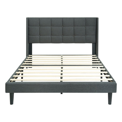 Queen size upholstered bed frame with dark gray button-tufted headboard and slatted platform on Tampa Home & Garden Store