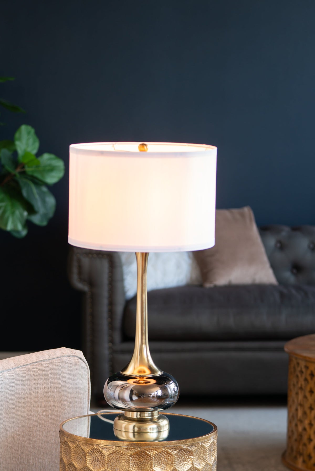 D15x29 table lamp with glass drum shade, white shade and brass base on Tampa Home & Garden Store