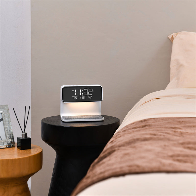 3-in-1 bedside lamp with LCD clock and wireless charger, white/silver on Tampa Home & Garden Store