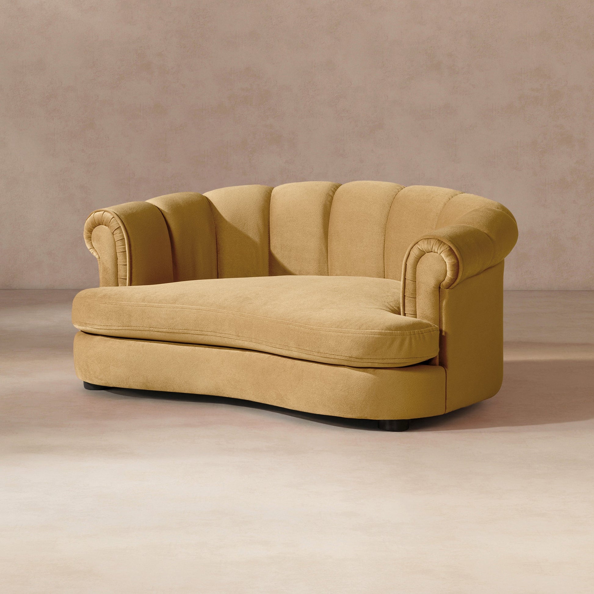 Halle 35.5-inch Rolled Arm Channel-Tufted Dog Sofa Bed in warm tan fabric on Tampa Home & Garden Store