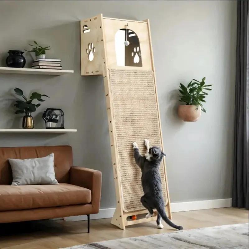 Luxury Wall-Leaning Cat Climbing Tower with natural wood frame and sisal scratching panel on Tampa Home & Garden Store