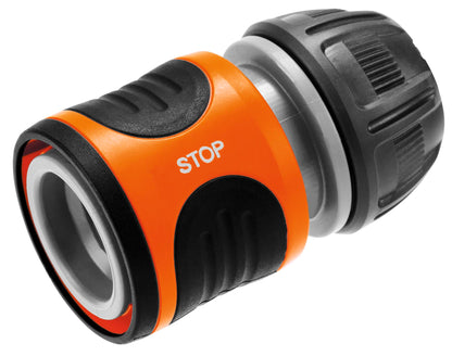 Water Stop Gardena 13 mm to 15 mm hose quick-connect coupling, orange and black on Tampa Home & Garden Store