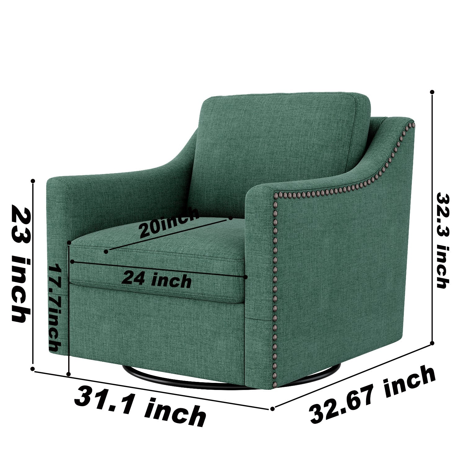 360 Degree Swivel Armchair in green cotton linen with brass nail detailing, curved-arm chair on Tampa Home & Garden Store
