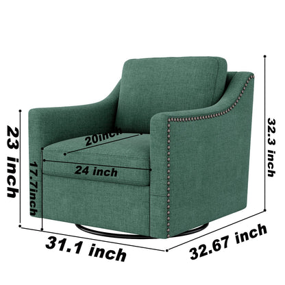 360 Degree Swivel Armchair in green cotton linen with brass nail detailing, curved-arm chair on Tampa Home & Garden Store