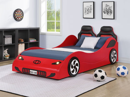 Colen Twin Car Bed With LED red car bed by HouseOfZazla with black headrests and blue bedding in kid's room on Tampa Home & Garden Store