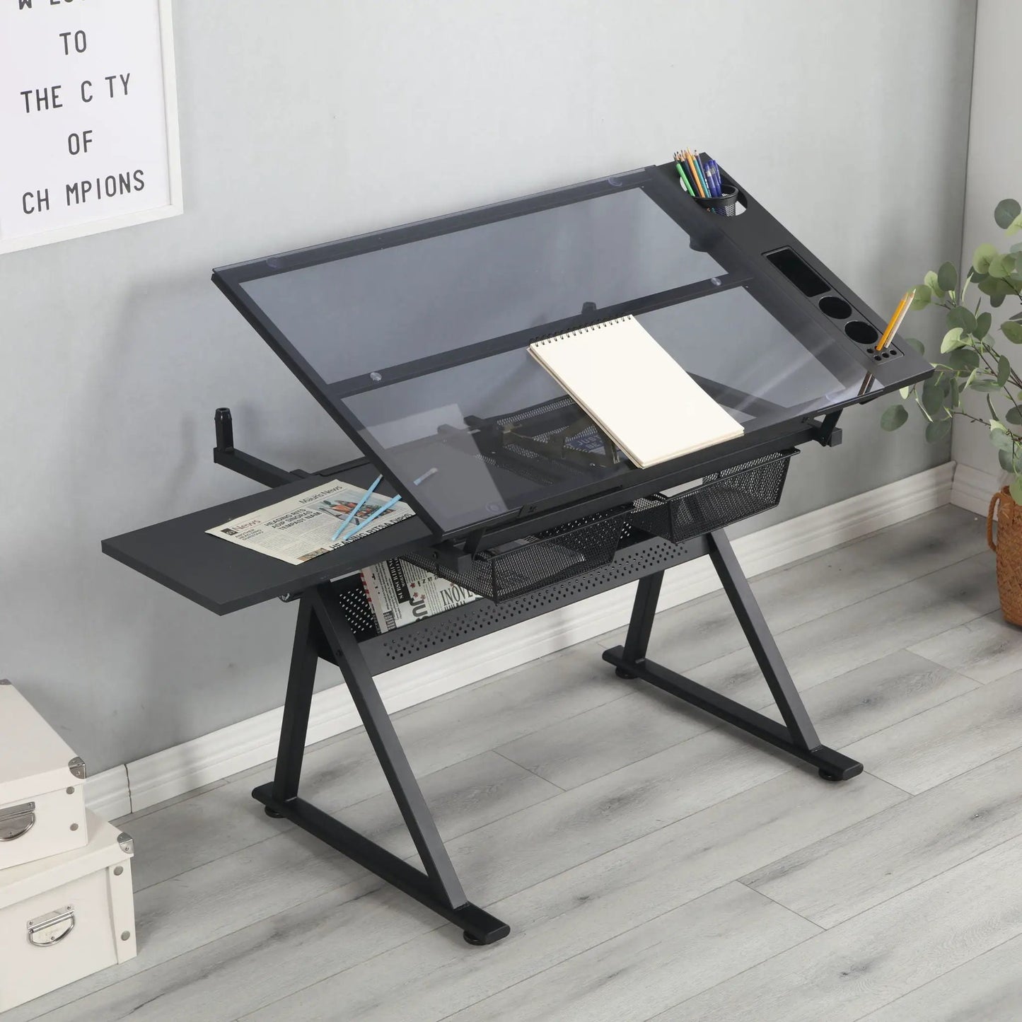 Adjustable Glass Drafting Table with Chair