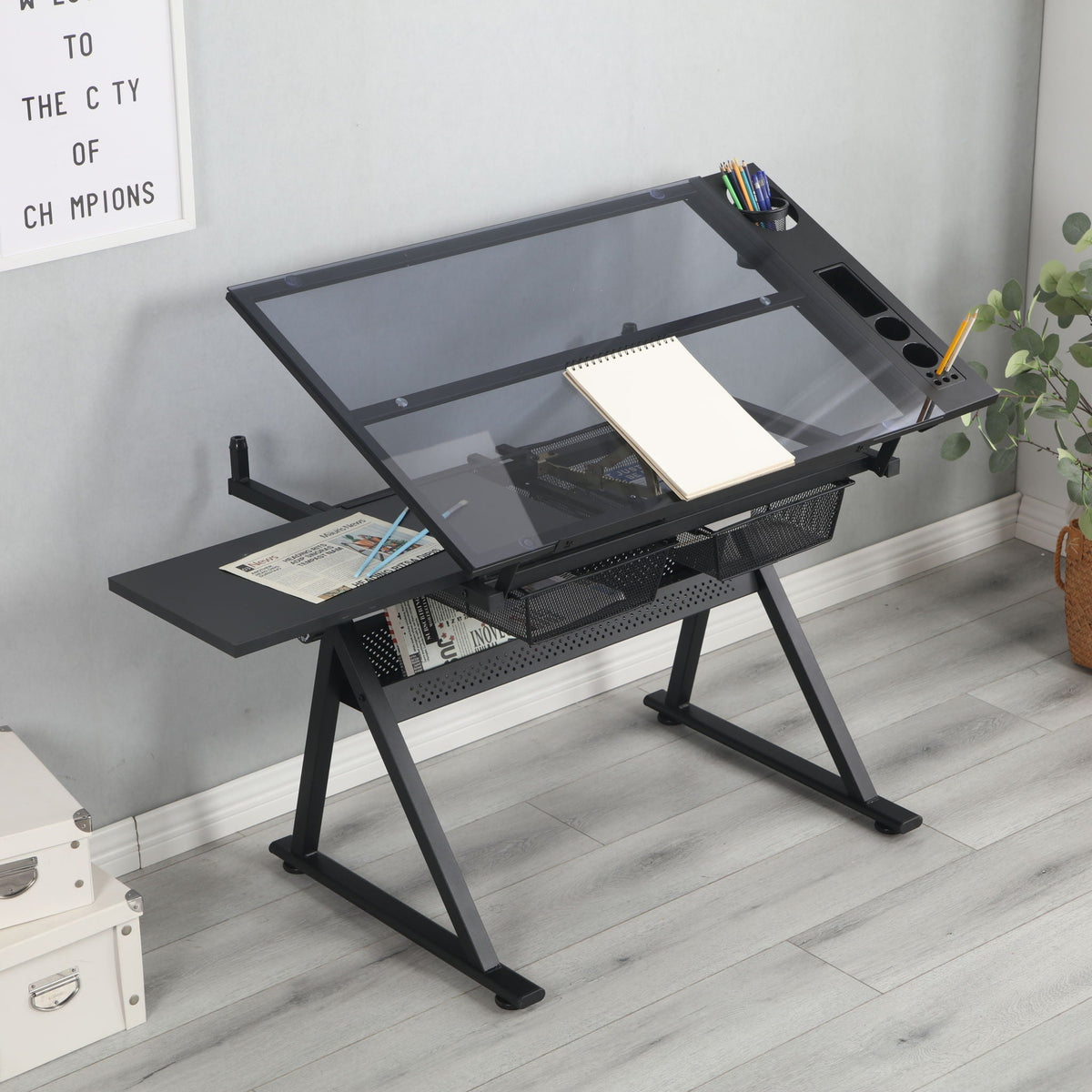 Adjustable tempered-glass drafting table with pencil cup by HouseOfZazla, black on Tampa Home & Garden Store
