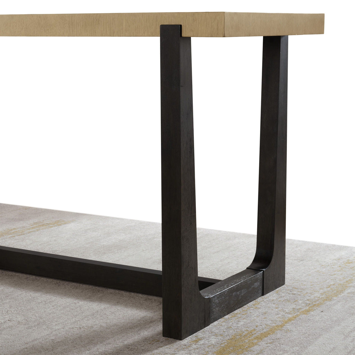 Bar table with trestle base, light brown solid wood top and dark stained legs on Tampa Home & Garden Store
