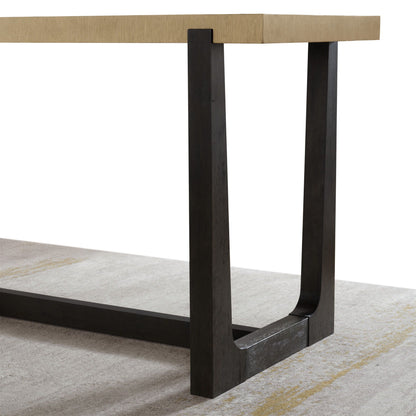 Bar table with trestle base, light brown solid wood top and dark stained legs on Tampa Home & Garden Store
