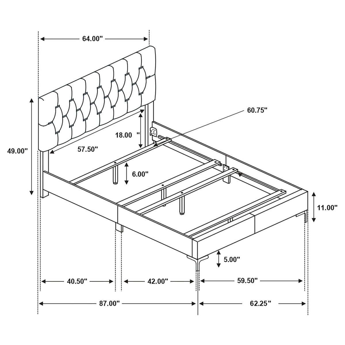 James Panel Bed upholstered headboard with tufted panels, HouseOfZazla schematic dimensions on Tampa Home & Garden Store