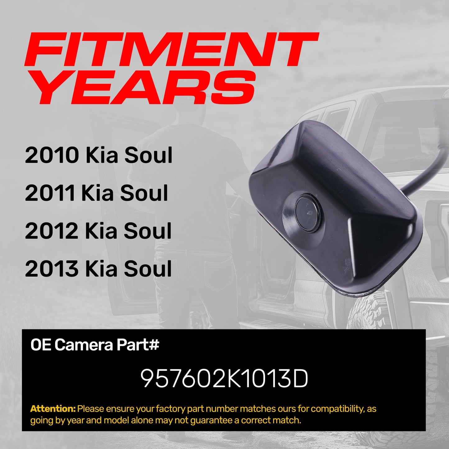 Kia Soul OEM backup camera 2010–2013, black housing, OE part 957602K1013D on Tampa Home & Garden Store