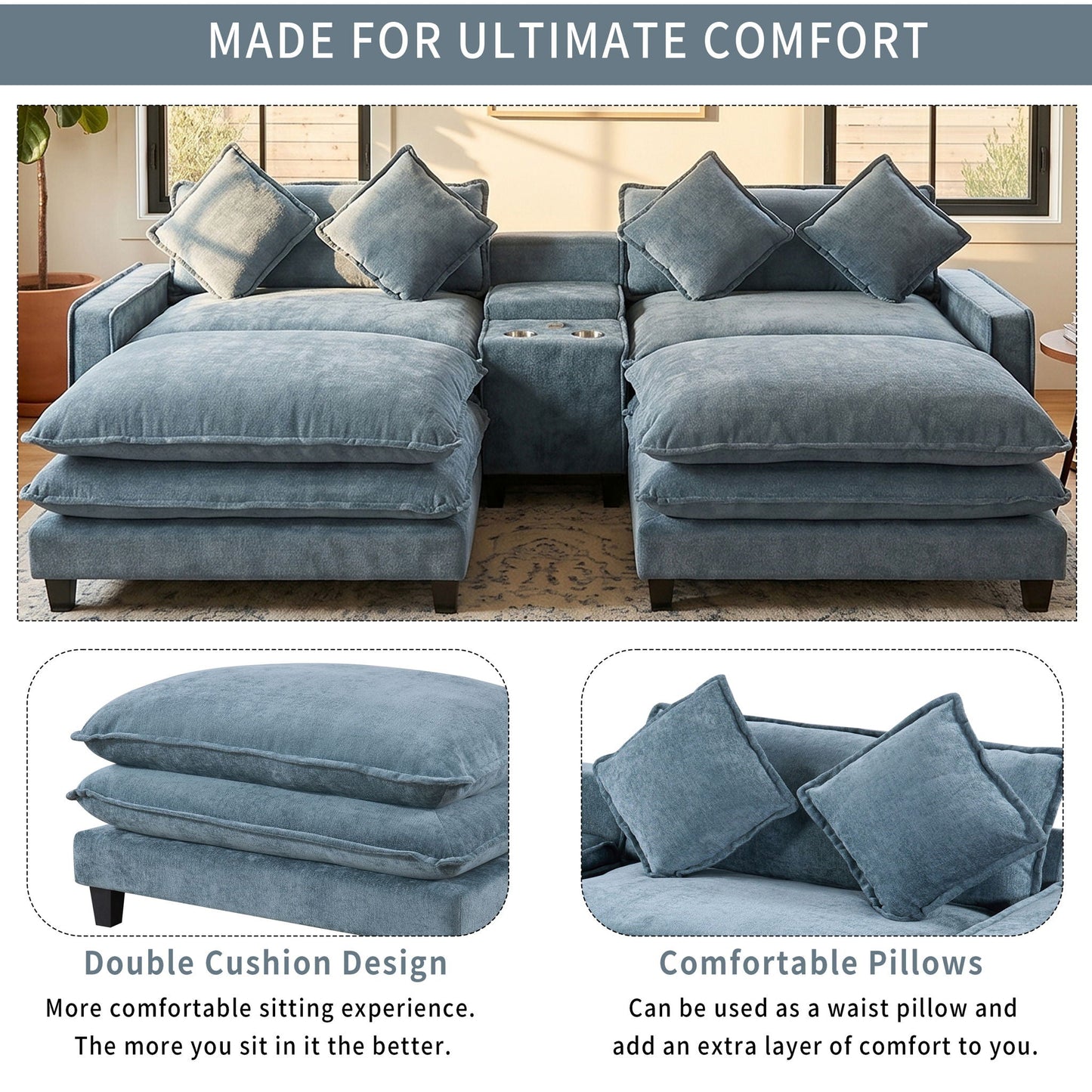 Modern sectional sofa with removable ottomans and USB ports, blue fabric, 3-piece set on Tampa Home & Garden Store