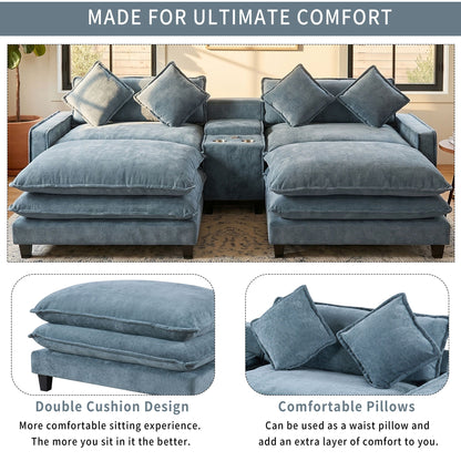Modern sectional sofa with removable ottomans and USB ports, blue fabric, 3-piece set on Tampa Home & Garden Store