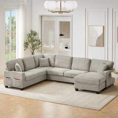 Upholstered U-shaped sectional sofa in gray with movable ottoman and side pockets; 2-piece on Tampa Home & Garden Store
