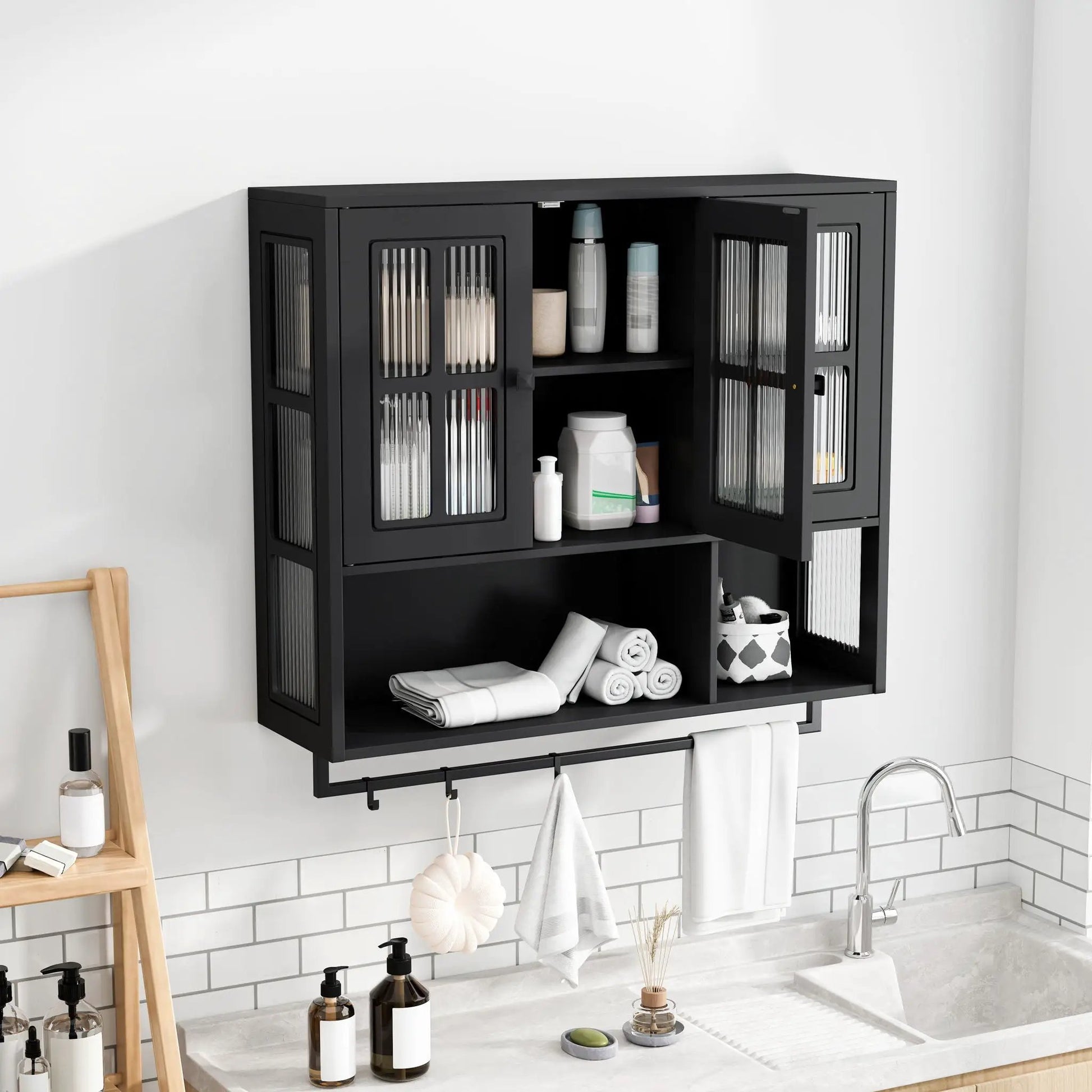 3 Door Wall Cabinet with Glass Doors and Towel Bar in black display cabinet on Tampa Home & Garden Store