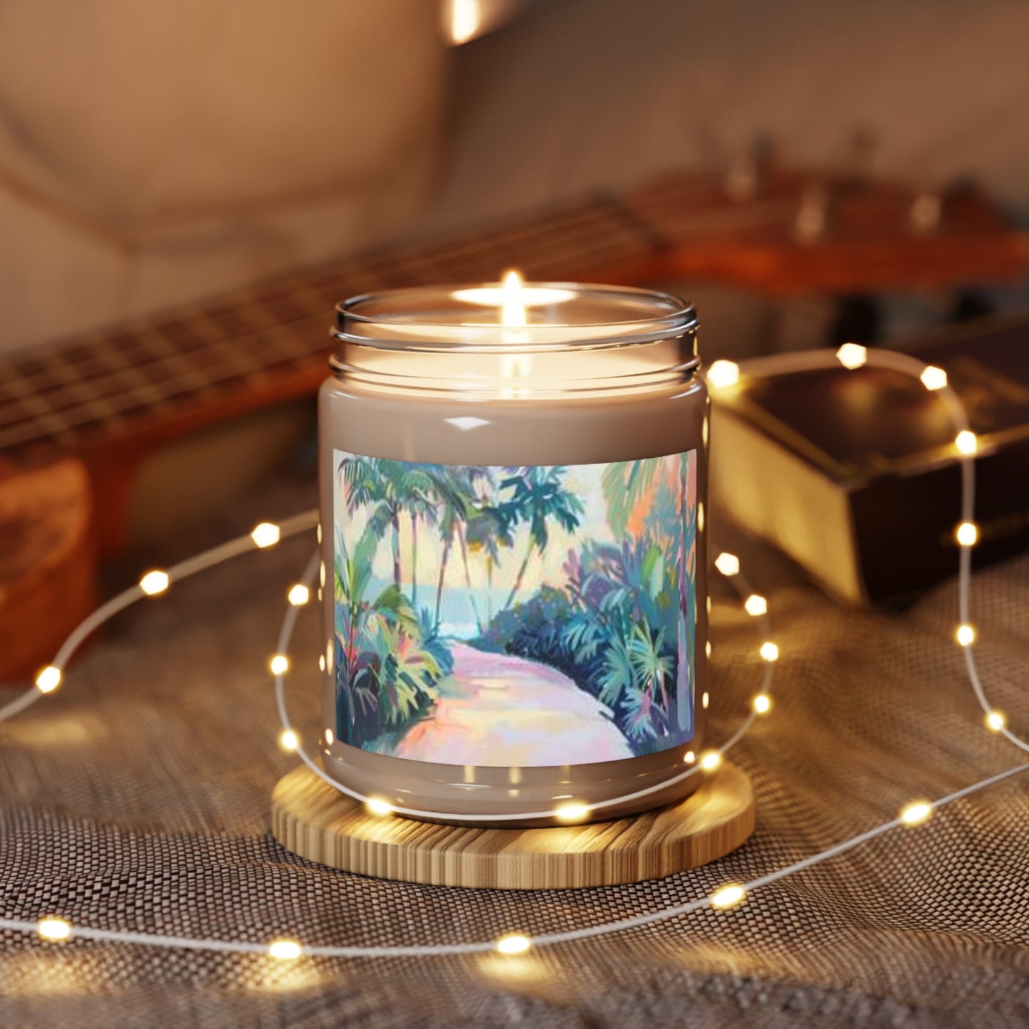 Tropical Path 9oz scented soy candle in glass jar with palm trees label Mai Autumn coconut fragrance on Tampa Home & Garden Store