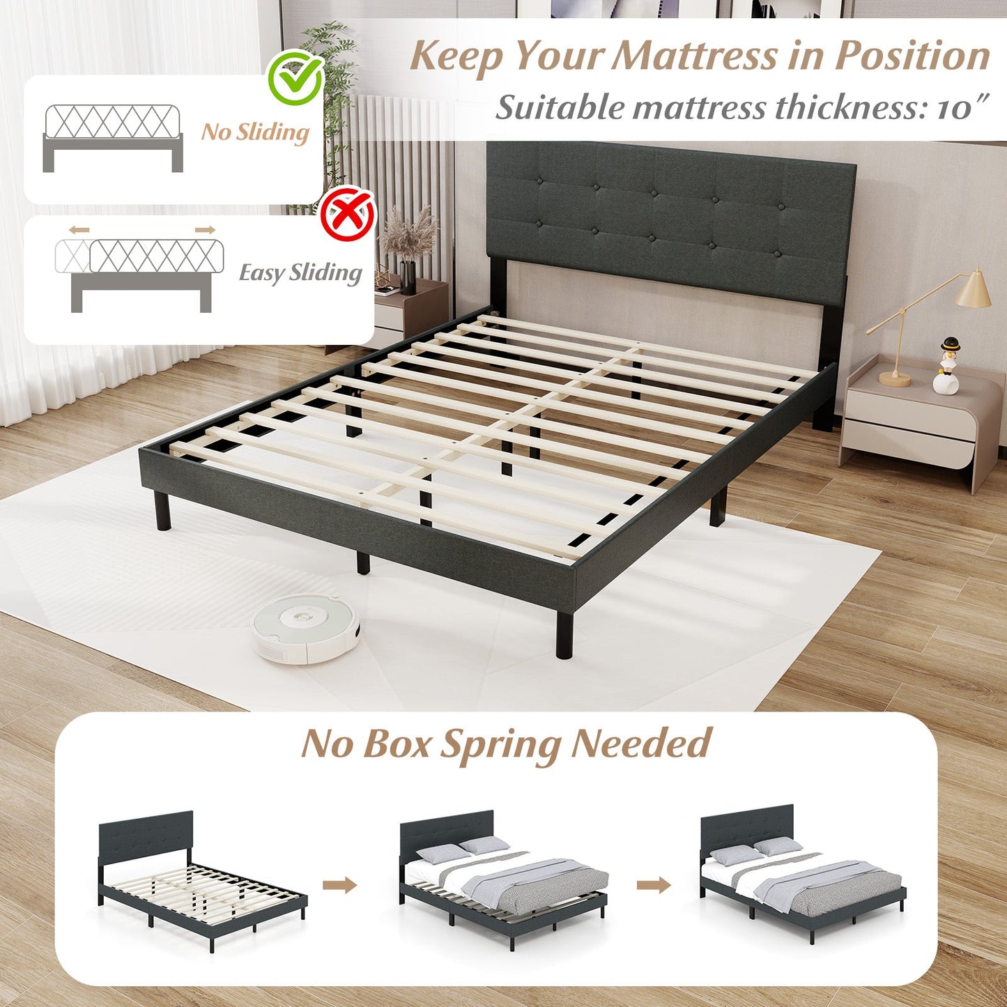 Queen Size Upholstered Bed Frame Linen Platform Bed-Dark Gray