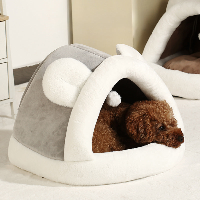 Pet Tent Cave Bed self-warming plush dome in white gray with dog inside Sell My Stuff on Tampa Home & Garden Store