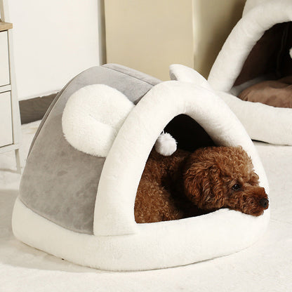 Pet Tent Cave Bed self-warming plush dome in white gray with dog inside Sell My Stuff on Tampa Home & Garden Store