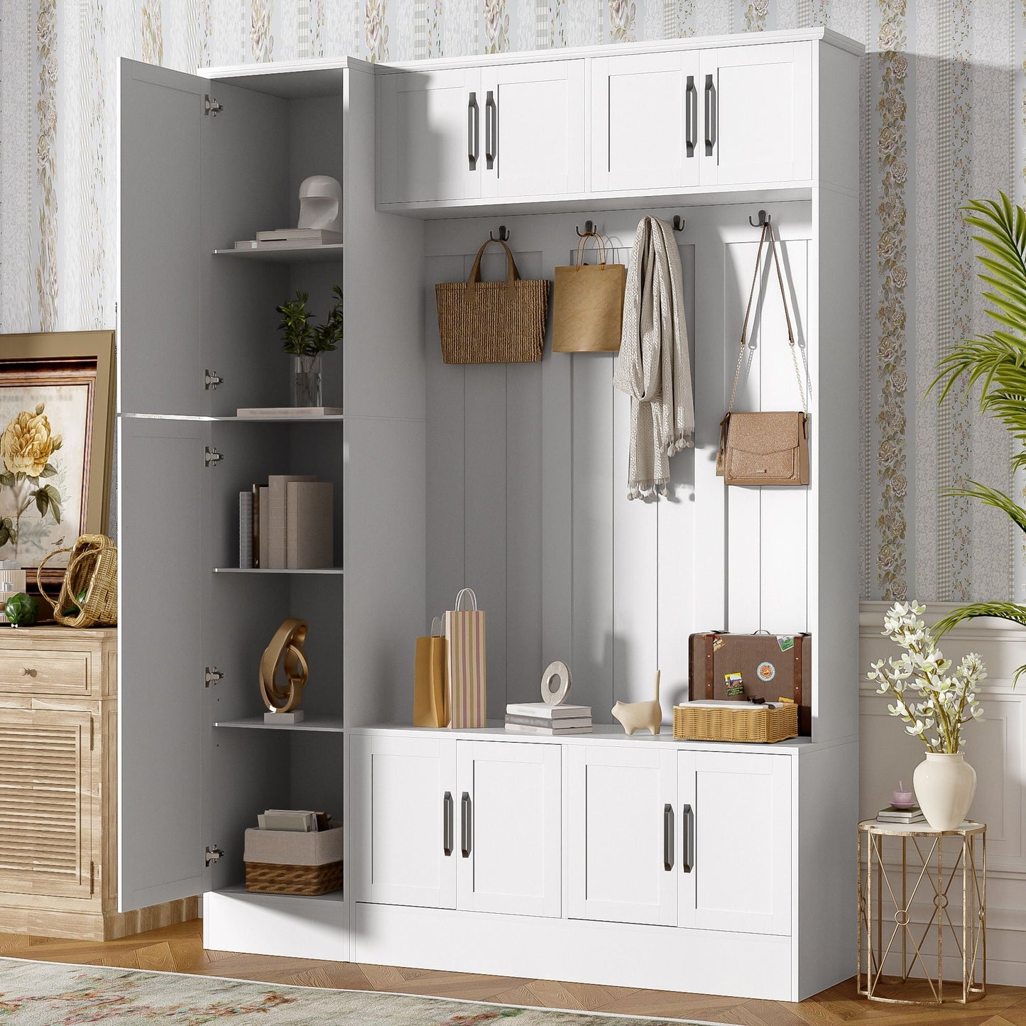 Tall Hall Tree With Shoe Storage 4 In 1 Entryway Bench white finish with upper cabinets and coat hooks HouseOfZazla on Tampa Home & Garden Store