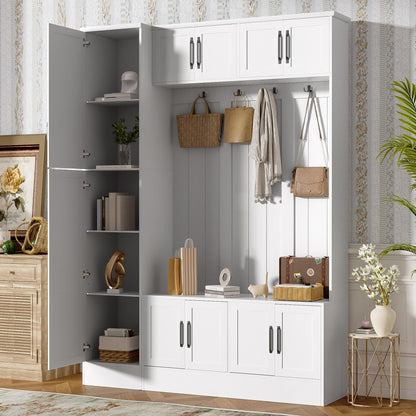 Tall Hall Tree With Shoe Storage 4 In 1 Entryway Bench white finish with upper cabinets and coat hooks HouseOfZazla on Tampa Home & Garden Store