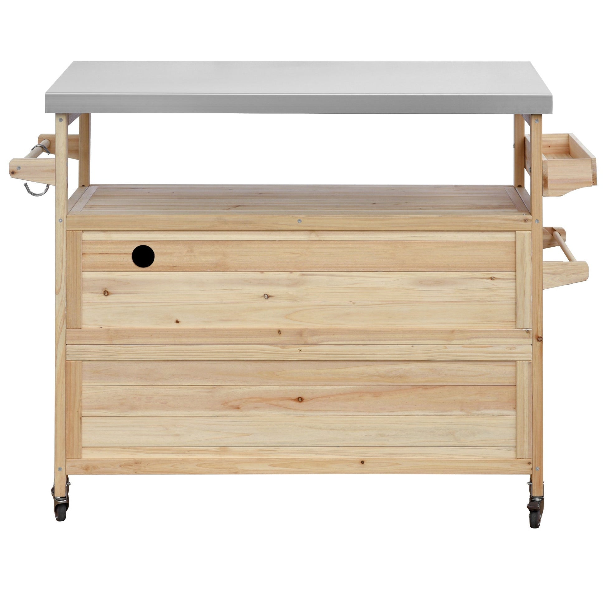 K&K Outdoor Kitchen Island rolling bar cart with stainless steel top and wood base on Tampa Home & Garden Store