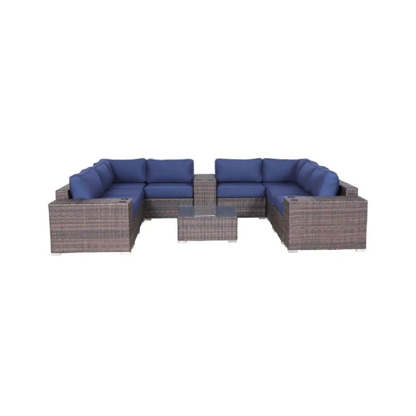 Modern Patio Rattan Sectional Set With Cushions, blue cushions and glass table, 2-piece set on Tampa Home & Garden Store