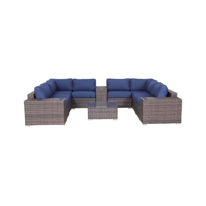 Modern Patio Rattan Sectional Set With Cushions, blue cushions and glass table, 2-piece set on Tampa Home & Garden Store
