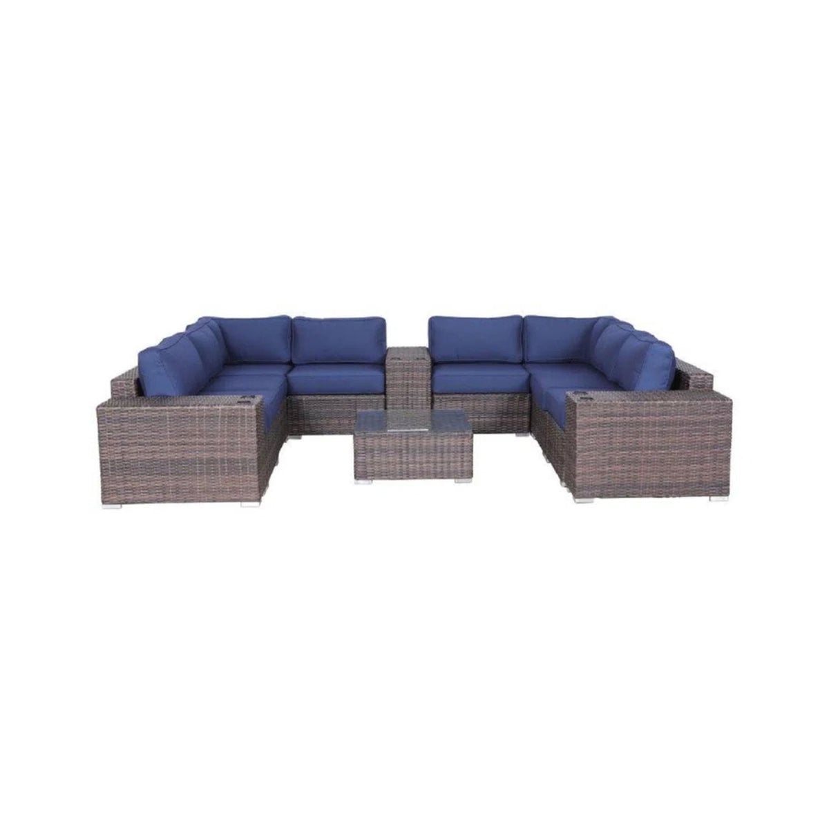 Modern Patio Rattan Sectional Set With Cushions, blue cushions, brown wicker, glass table on Tampa Home & Garden Store