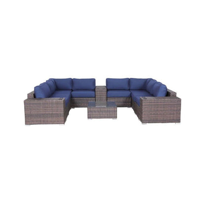 Modern Patio Rattan Sectional Set With Cushions, blue cushions, brown wicker, glass table on Tampa Home & Garden Store