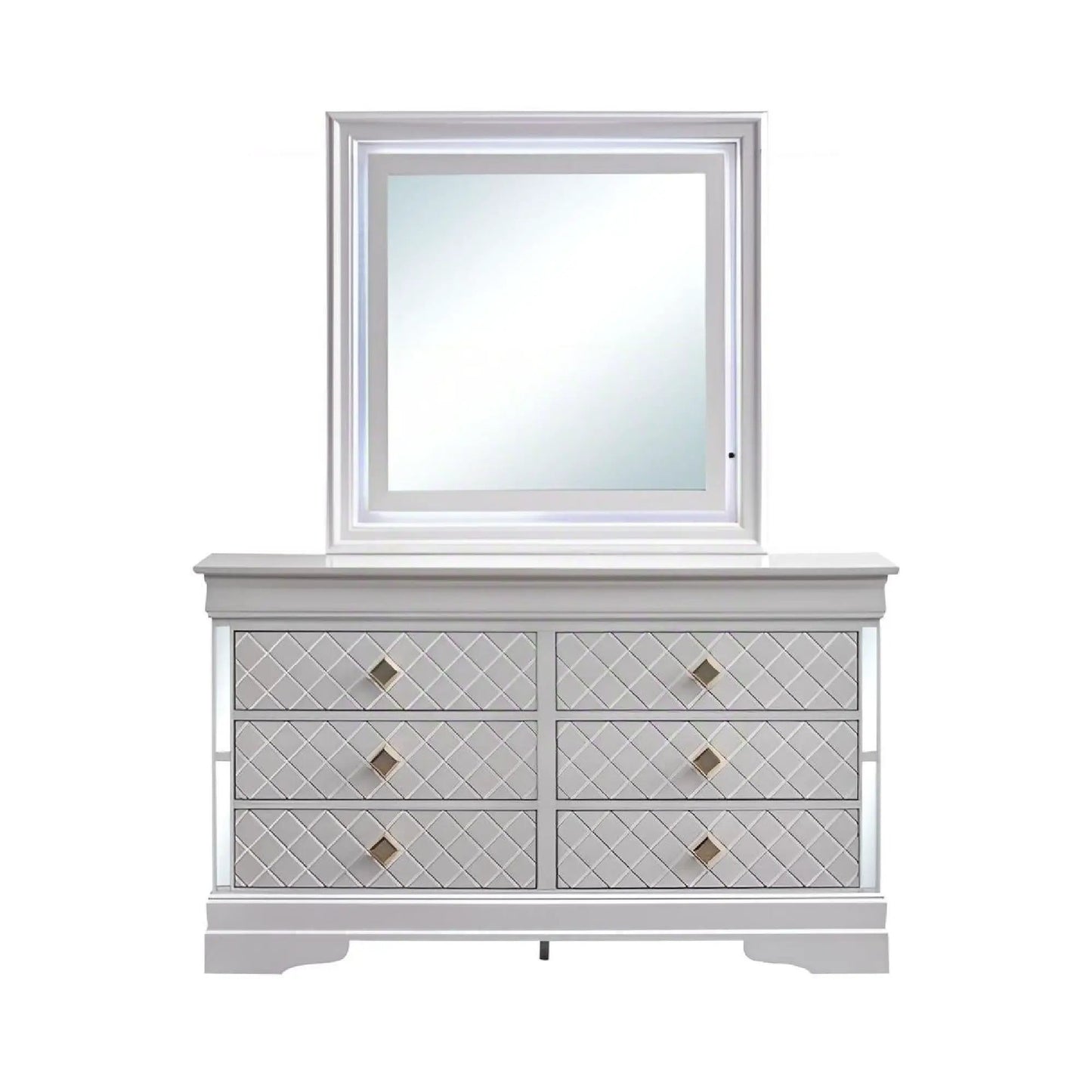 Verona - Dresser by Unique Piece Furniture with silver mirrored frame and diamond-grid drawer fronts on Tampa Home & Garden Store