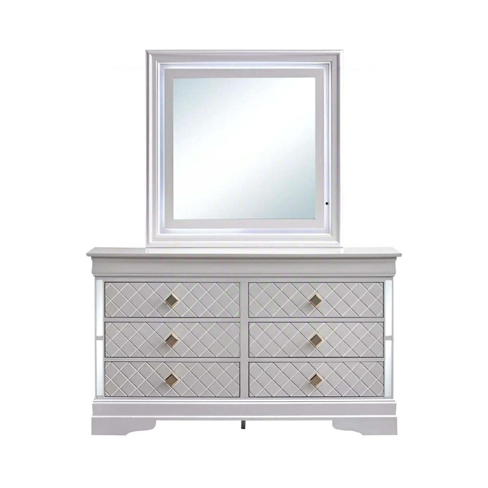 Verona - Dresser by Unique Piece Furniture with silver mirrored frame and diamond-grid drawer fronts on Tampa Home & Garden Store