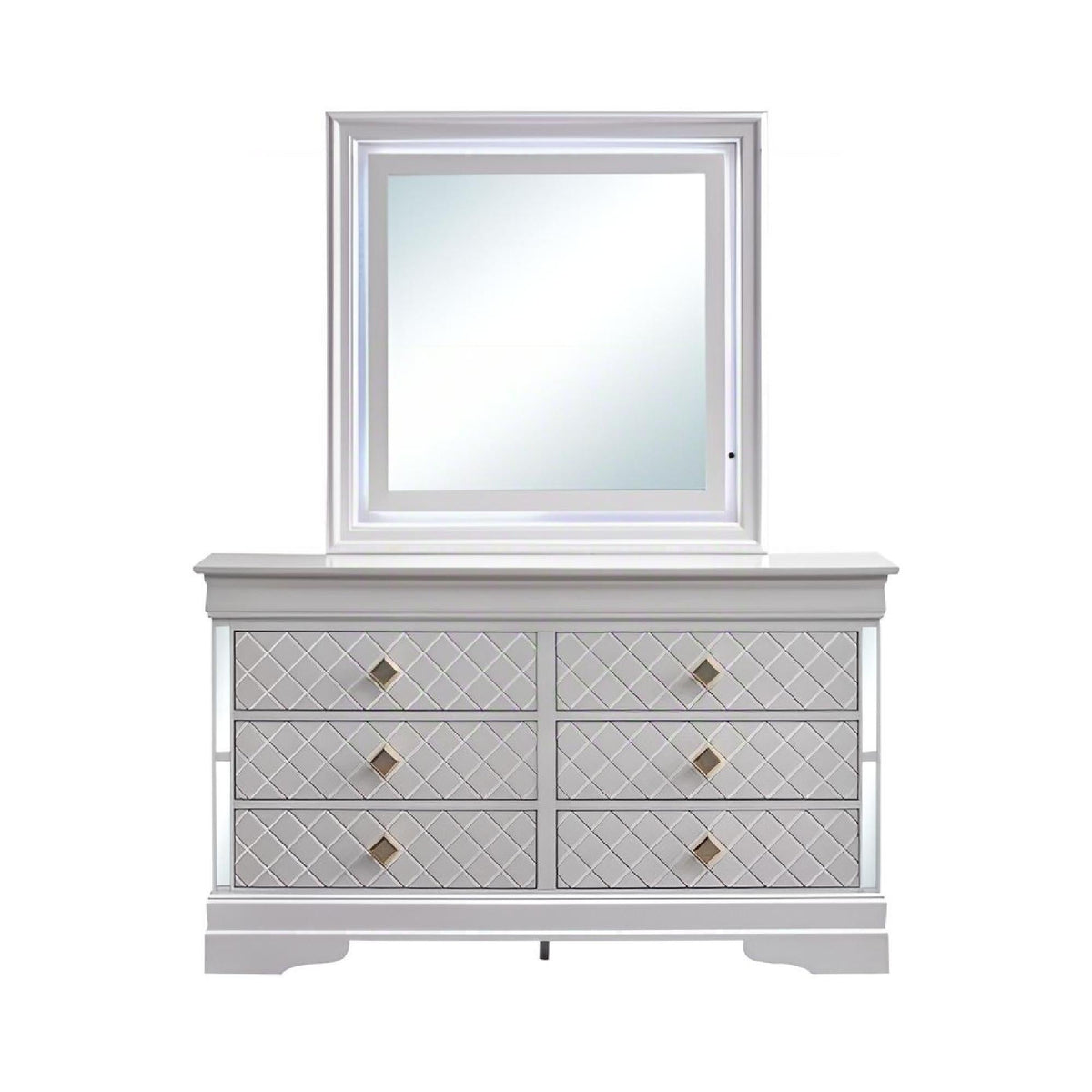 Verona Dresser with embossed X design in pearl silver mirrored frame and diamond drawers on Tampa Home & Garden Store