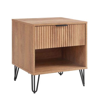 HouseOfZazla modern nightstand with fluted front, natural wood finish, black metal handle on Tampa Home & Garden Store