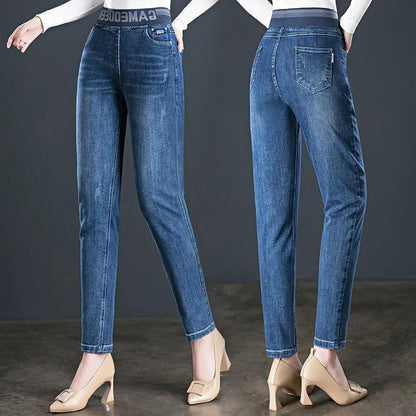 Women's fleece-lined high-waist slim jeans in blue denim, elastic waistband, front/back on Tampa Home & Garden Store