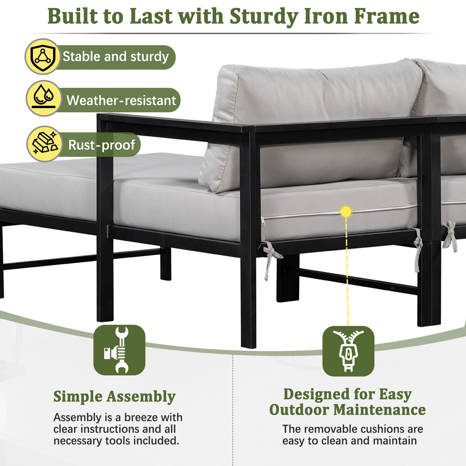 U_style Outdoor L-Shaped Sofa with an iron frame and ultra-thick cushions gray upholstery on Tampa Home & Garden Store