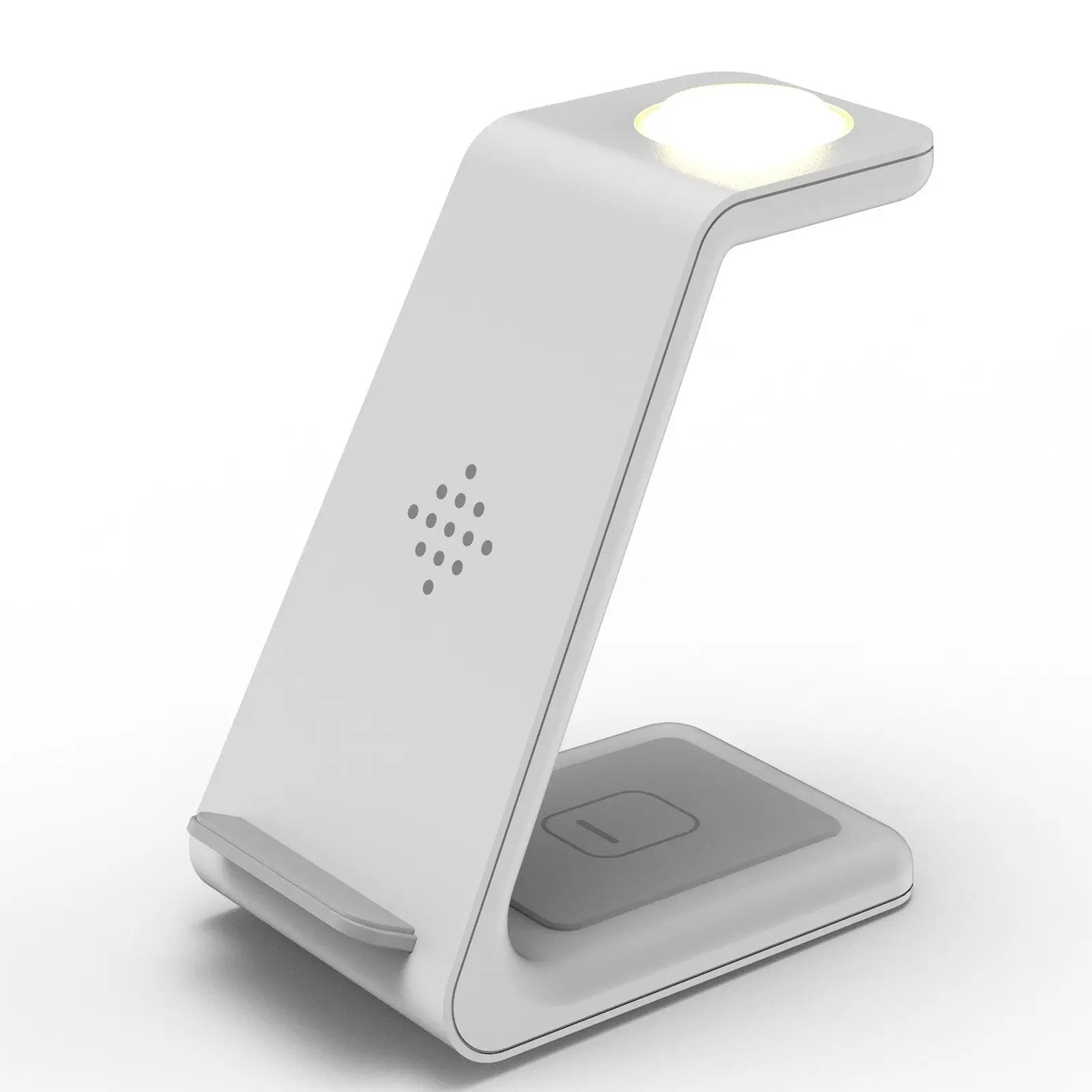 3-in-1 wireless charging station stand with phone holder; white, glowing top charging circle on Tampa Home & Garden Store