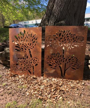 Outdoor privacy screen wall art, two copper panels with tree silhouettes by Rustica Ornamentals on Tampa Home & Garden Store